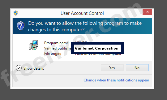 Screenshot where Guillemot Corporation appears as the verified publisher in the UAC dialog